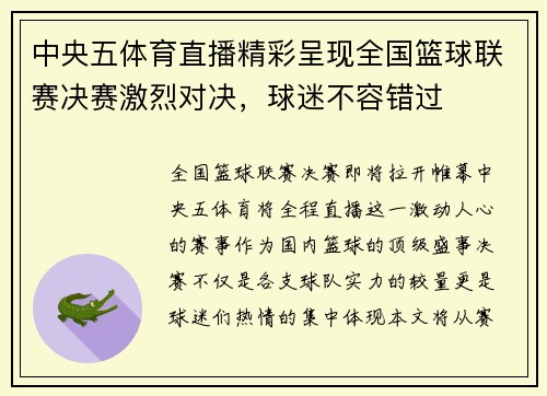 中央五体育直播精彩呈现全国篮球联赛决赛激烈对决，球迷不容错过