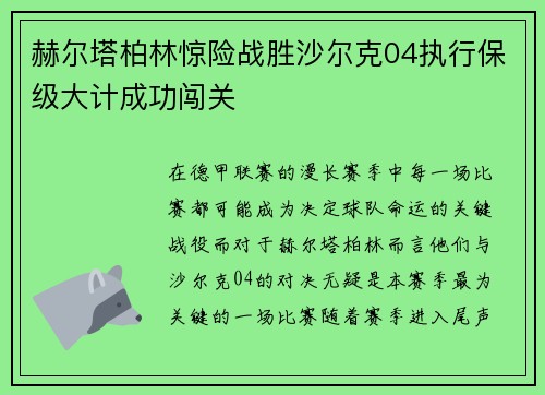 赫尔塔柏林惊险战胜沙尔克04执行保级大计成功闯关